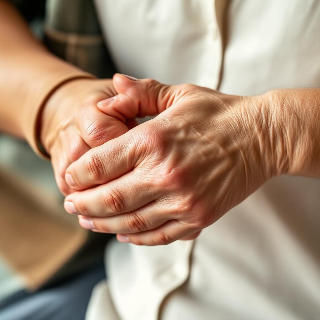 Caregiver gently holding an elderly person's hands