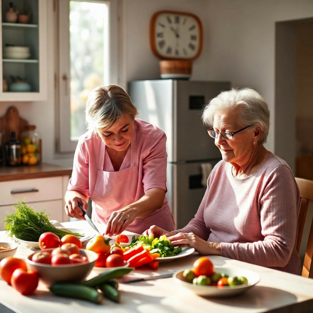 Carer preparing a healthy meal with an elderly woman