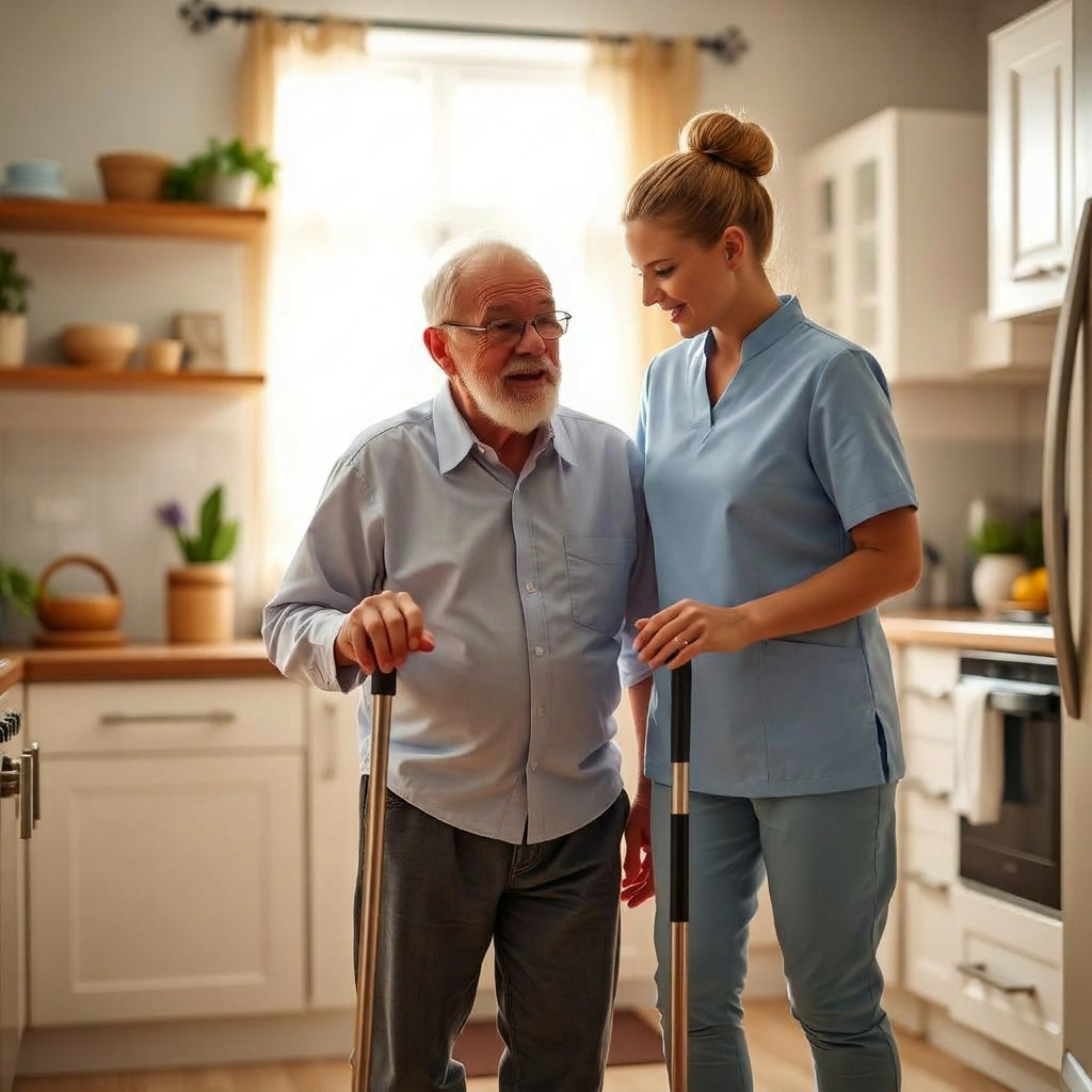 Carer helping an elderly man with mobility in his kitchen